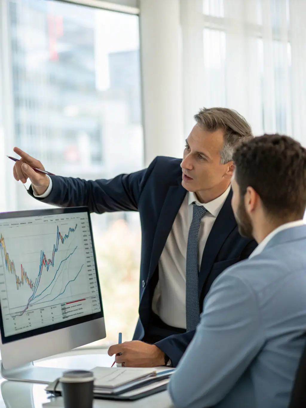 A professional financial advisor is explaining tax optimization strategies to a client in a modern office setting, using charts and graphs to illustrate potential tax savings.