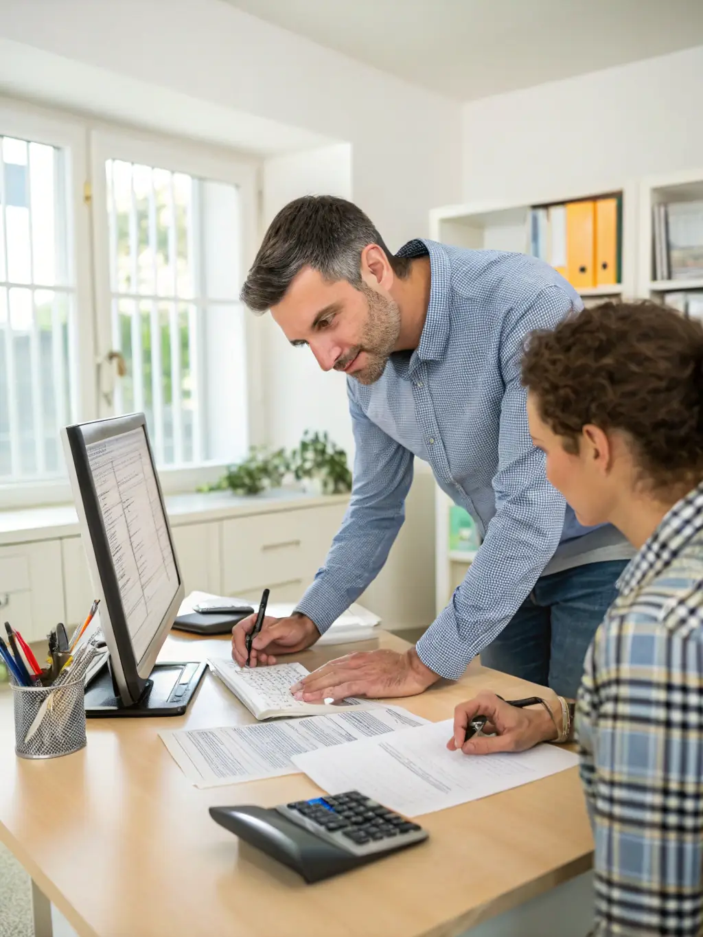 A professional reviewing tax documents with a client, with UK tax forms and compliance checklists in the background.