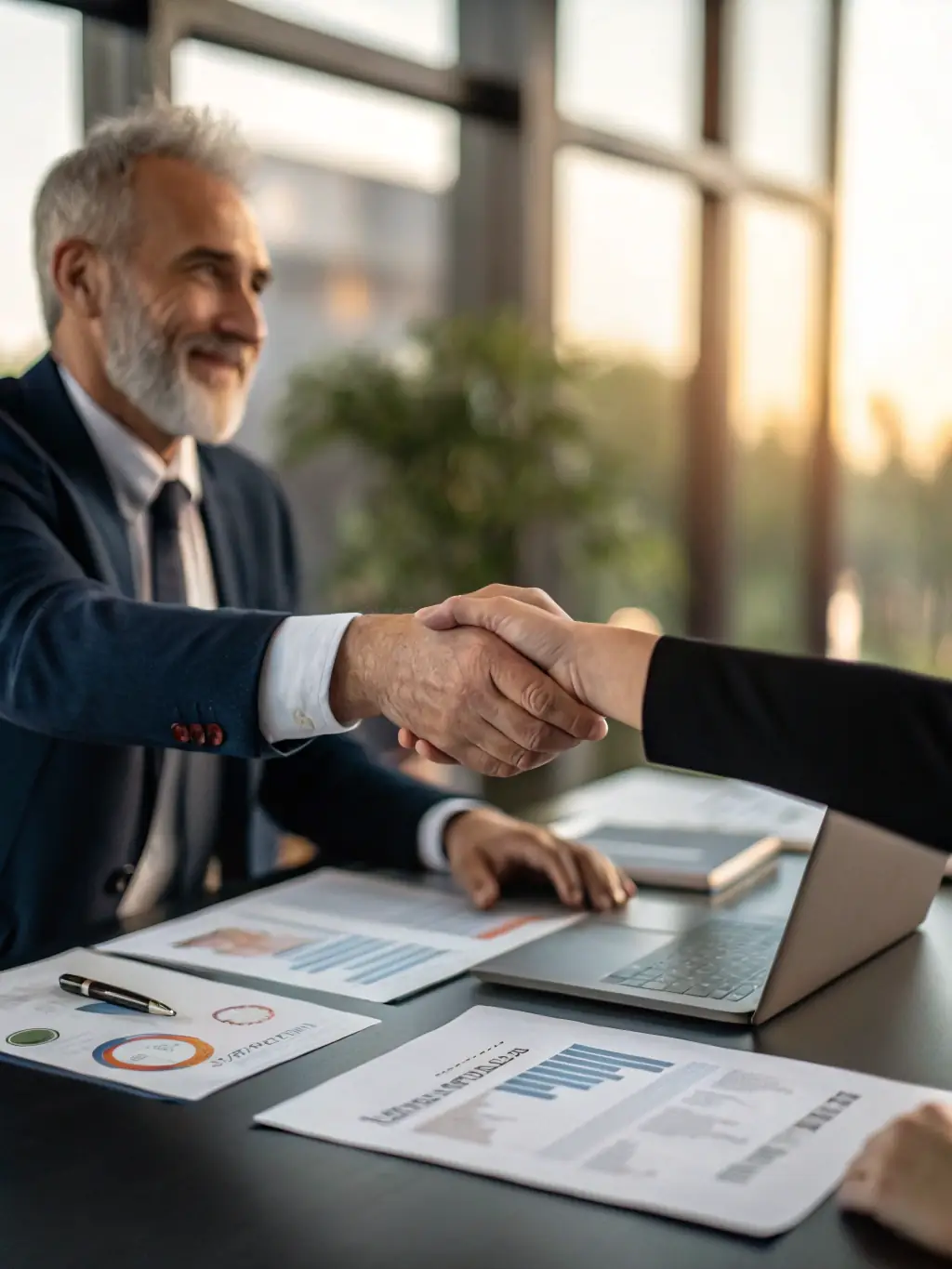 A handshake between a tax advisor and a satisfied client, symbolizing trust and a strong client-advisor relationship.
